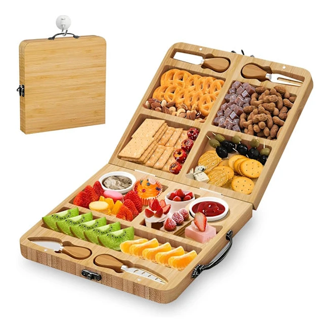 Skärbräda - Snackbräda inklusive Ostknivar och Skålar - Tapasbräda - Ostbricka - Serveringsbräda - Bambu - Trä (58x29x2 cm)