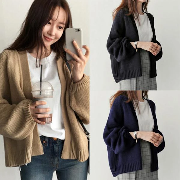 Fashionabel enfärgad stickad kort cardigan damjacka Khaki