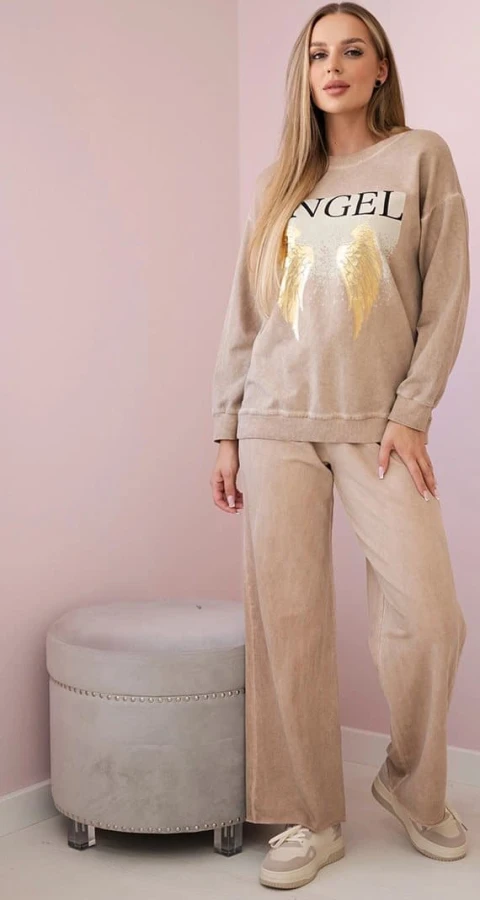 Ängel förtvättad bomullsset, sweatshirt + kamelbyxor
