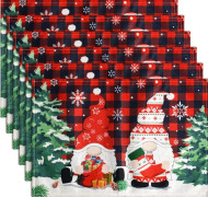 /EA/Julbordsunderlägg Set om 6, Buffelrutig Tomte Matbordsunderlägg - Värme-, Slit- och Fläcktåliga Tjocka Bomullslinne