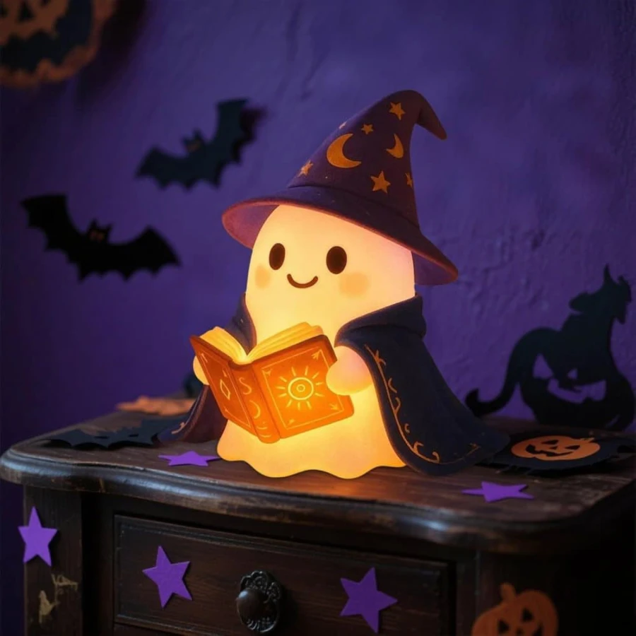 Halloween Spöklampa med Bok – Handgjord LED Nattlampa i 3D Resin, Söt Magisk Spökläsare för Hem & Bokälskare Dekor
