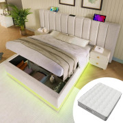 Polstersäng 180x200 cm beige linne med ribbotten, dubbelsäng med LED & USB-C laddning, utan nattduksbord, inkl. madrass