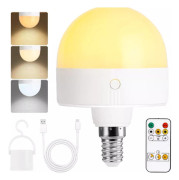 E14 Uppladdningsbar Glödlampa, 2-pack, 300LM, 9W Ekvivalent, Avtagbar Laddning, 3 Färgtemperaturer, Fjärrkontroll Puck Nödljus, Dimmer, Ti {sl}
