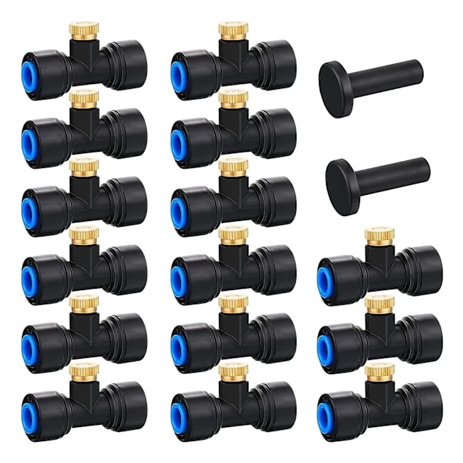 15 stycken mässingsdimmunstycken 1/4 tum snabblås dimmunstycken gängade dimmunstyckes-T-kopplingar med 2 stycken pluggar för utomhuskylsystem uteplatsdimma
