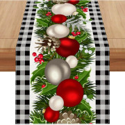 Linne Bordlöpare i Svartvit Buffelrutig Julmönster, 72 Tum Lång, Farmhouse Vinter Jul Julhelg Heminredning White and Red 72 Inches