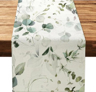 Bordslöpare med gröna eukalyptusblad 33 x 180 cm, säckväv bordslöpare för matbordsdekor, hem, bröllopsfestdekorationer (32x180cm)