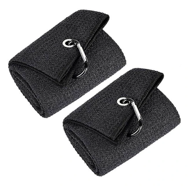 2 Golfhanddukar | Premium Mikrofibertyg | Våffelmönster | Kraftig Karbinhake, Svart
