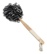 Ryggskrubbare för dusch, trä långt handtag badkroppsborste mjuk nylon mesh luffa svamp på pinne