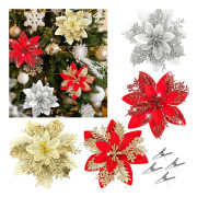 20 st Jul Röda Blommor Konstgjorda Julblommor med Klämmor 4 Färger Stora Glitter Julgransdekorationer för Jul