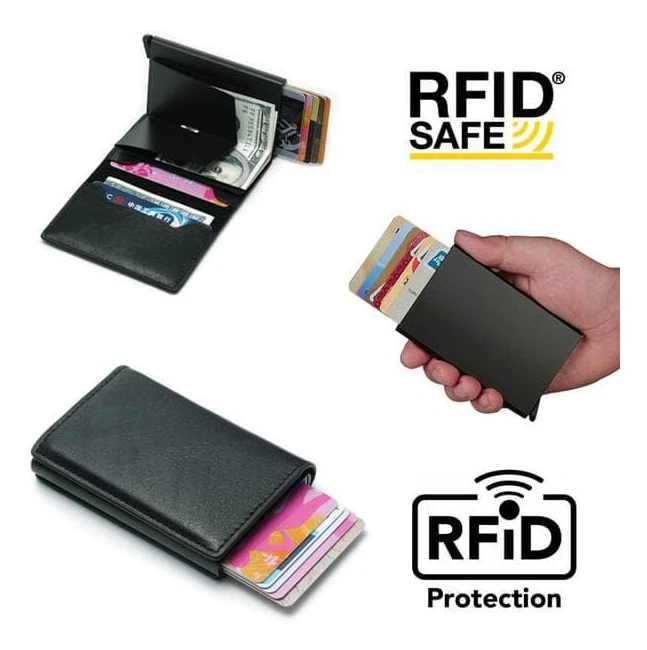 Skydd Plånbok Svart RFID Korthållare 5st Kort (Äkta Läder)