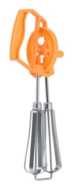 Äggvisp i rostfritt stål och plast, manuell handvev, automatisk rotation, ansträngningsbesparande, orange