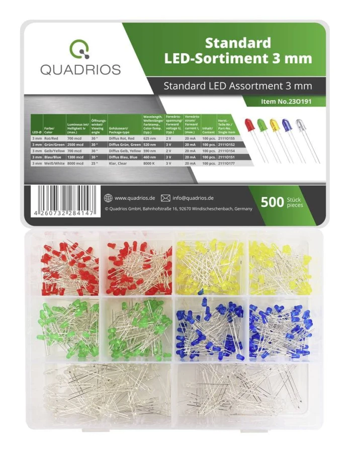 Quadrios 23O191 LED-sortiment röd, grön, gul, blå, vit 20 mA 3 V (23O191)