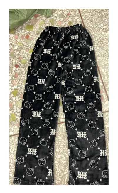 Tecknade julpyjamasbyxor för kvinnor, avslappnade sammetsbyxor för hemmabruk med kattmotiv Svart Stjärna KT Katt XL Black Star KT Cat_qcx