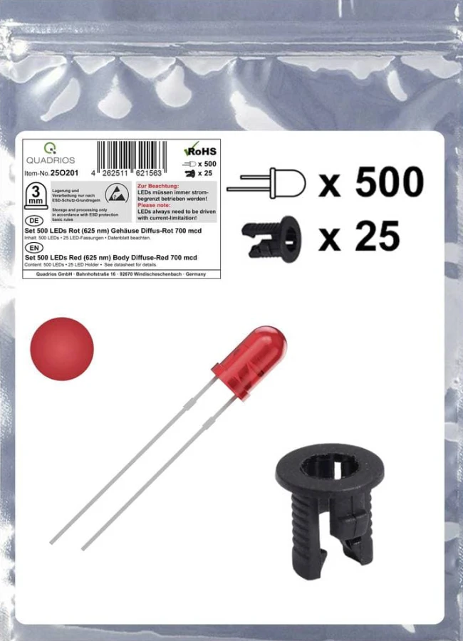 Quadrios 25O201 LED sortiment Röd Rund 3 mm 700 mcd 20 mA 2.0 V