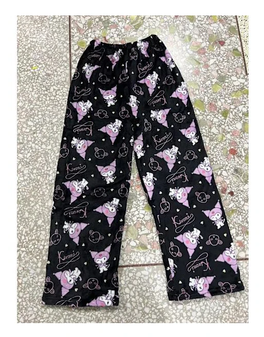 Tecknade julpyjamasbyxor för kvinnor, avslappnade sammetsbyxor för hemmabruk med kattmönster, rosa byxor L Rose byxor(bt) Rose pants L