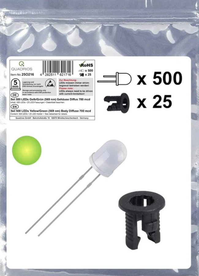 Quadrios 25O216 LED sortiment Gulgrön Rund 5 mm 700 mcd 20 mA 2.0 V