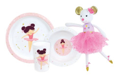 Lot med tallrikar - FUN HOUSE - BALLERINA DANSTÖR - Djuptallrik Ø16 cm, tallrik Ø22 cm, glas 220 ml och musikalisk plyschfigur 40 cm
