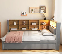 Multifunktionellt bäddsoffa 90x200 med utdragbar säng 90x190, LED-belysning, uttag och förvaring – mörkgrå flanell