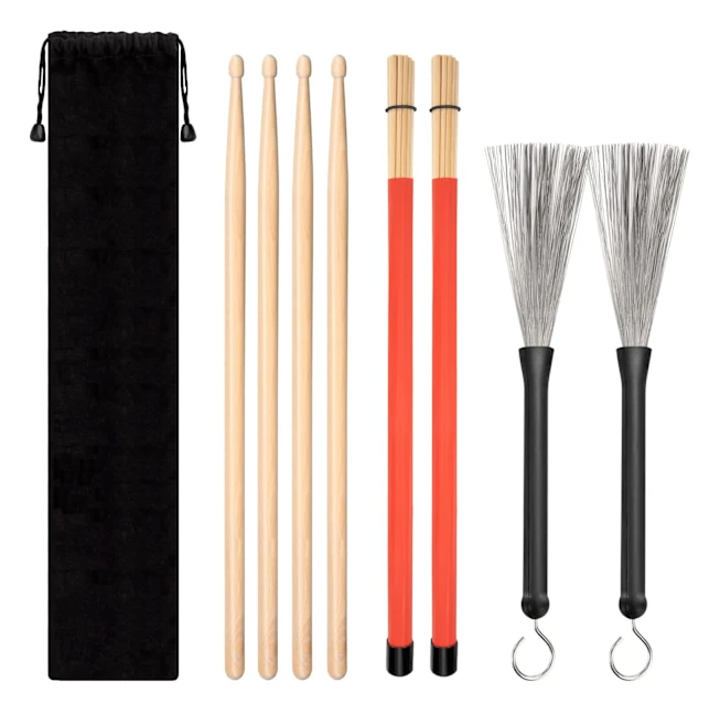 Classic Drum Set, 4 Pairs of Maple Drumsticks, Wire Brush and Rod Drumsticks with Storage Bag