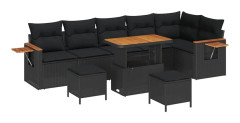 9-delars Trädgårdsoffagrupp med Kuddar - Modern Design i Poly Rattan & Akacia | Färg: Svart | Storlek: 4-sits