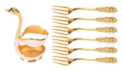 6 st Kaffe Dessert Gaffel Set Metall Svan Bas Hållare Dessert Gaffel Organiserare med 6 st Gafflar för Kaffe Frukt Dessert