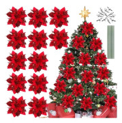 （roung）12 st Julstjärnor Julblommor för Julgran Röda Konstgjorda Julblommor Deco Poinset_jarx
