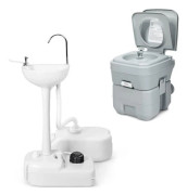 COSTWAY Bärbar campingtoalett Avtagbar tank 20L+10L-Handvask med hjul-17L Tank-Fotpump-Kran-Grå
