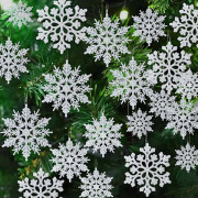 SBSG 36 st Snöflingor - Julgransdekorationer, Snöflingeornament för granen, Plastglitter Vita Snöflingor Ornament, Jul Inomhus Vinter W