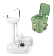 COSTWAY Bärbar campingtoalett Löstagbar tank 20L+10L-Handvask med hjul-17 L Tank-Fotpump-Tapp-Grön