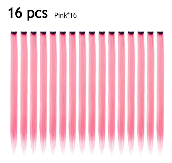 Hair Extensions 60 cm Straight Synthetic Pink Wig Rainbow Party Highlights Women Girls Kids 16 Pieces