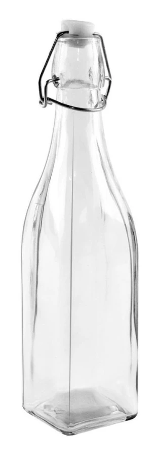 Kvadratisk glasflaska med kork och klämma för drycker