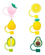 (gul, grön, rosa) Halmskydd - Silikon - 6 stycken - Fruktformer - Återanvändbara - Läcksäkra yellow, green, pink