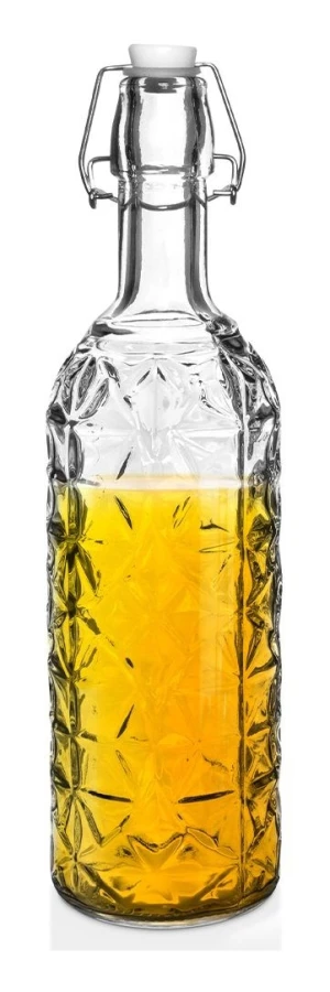 Vacker glasflaska med kork och klämma för drycker