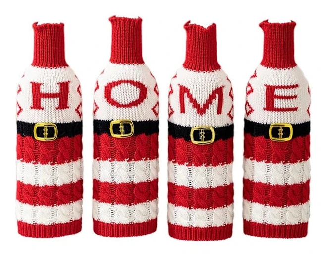 4-pack Jul Vinflaskor Omslag - Stickad Jultomte \"HOME \" Design, Randiga Bokstavsmönster, Festlig Julbordsdekoration[co]