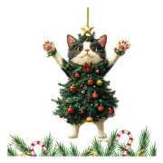 Katt Akryl Julgransprydnad, Katt Träd Hängande Juldekor, Bedårande Katt Klädd som en Julgran, 2D Rolig Julhänge Jul