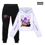 KPOP DEMON HUNTER Flickor Halvhög midja Kort Sweatshirt Enkel och Dubbel Ärm Tryckt Casual Kostym Set Vit XX