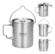 Aomiun 750ml Rostfri Stålkastrull Bärbar Vattenmugg Kopp med Lock och Fällbart Handtag Utomhus Camping Matlagning Picknick