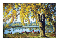Stramaljväv med tryckt motiv Collection D`Art "Höst vid sjön" 40x60 cm