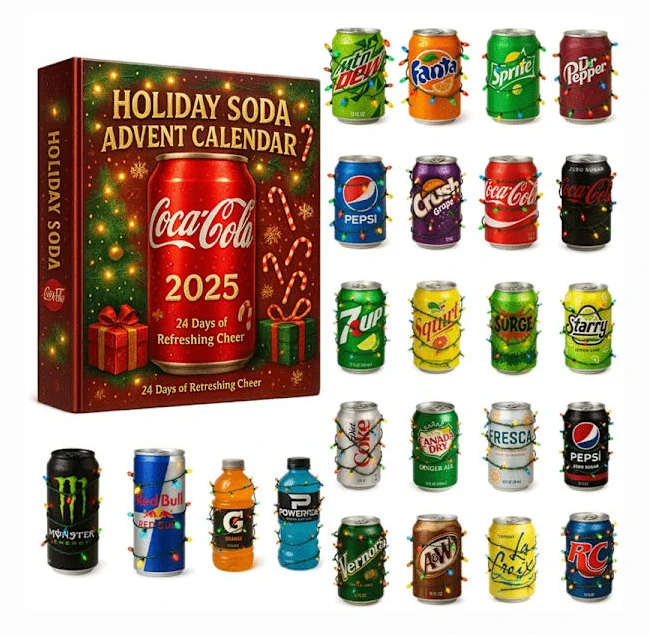 Fuleadture Adventskalender 2025 Soda/Cola – 24 Dagars 2D Akrylfigurer Julkalender med Läsk | Perfekt Julklapp