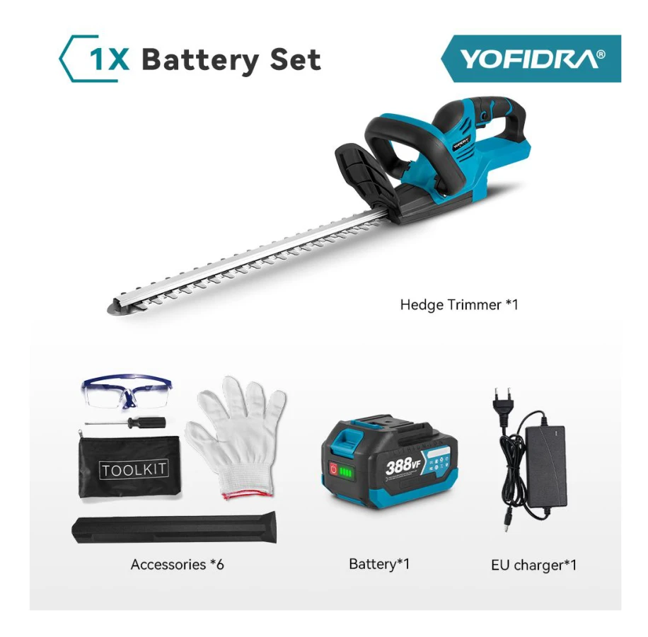 YOFIDRA 2000W Elektrisk Häcksax Effektiv Sladdlös Uppladdningsbar Trädgård Buske Beskärning Elverktyg För Makita 18V Batteri 1xBattery-EU Plug