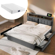 160x200 cm grå dubbelsäng med 4 lådor och USB C-uttag, höjdjusterbar huvudgavel med madrass