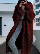 Ny lång avslappnad tröja dam höst och vinter lös mångsidig långärmad stickad cardigan jacka knapp Claret L