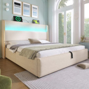 Modernt hydrauliskt dubbelsäng 180x200cm med högt huvudgavel, LED-belysning, förvaring, USB/Type-C, beige linnelook, utan madrass