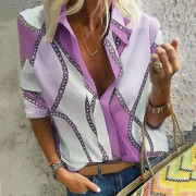 Mode kvinnors höst Casual Cardigan Kedjetryck Lapel långärmad skjorta XXXXL violett