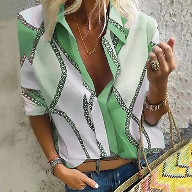 Mode kvinnors höst Casual Cardigan Kedjetryck Lapel långärmad skjorta XXL grön