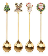Julkaffeskedar, 4 Silver Dessert- och Teskedar med Julgran, Rådjur, Snögubbe och Jultomteberlocker för Dessert, Te, Soppa, Presentförpackning