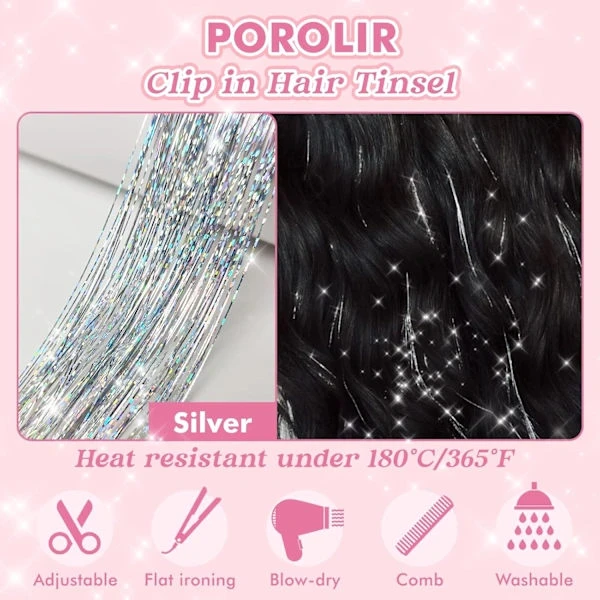 Clip in Hårglitter Kit, 6-pack Glitter Fairy Hårglitterförlängningar 50 cm Glänsande Hårglitter Värmebeständigt (Silver)