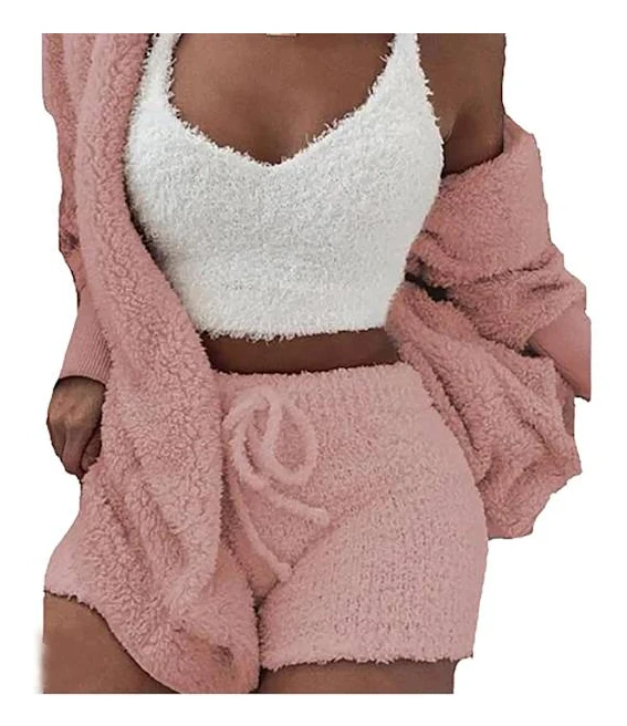Dam 3-delat vinterplysch hemmakläder avslappnad pyjamas långärmad fluffig huvjacka med öppen front & shorts & väst kostym håll varma kläder (L)