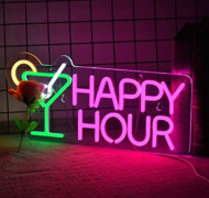 Cocktail happy hour neonskylt för väggdekoration med dimbar strömbrytare, LED-neonskylt, neonskylt för ölbar i sovrum, hotellfest