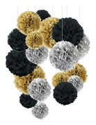 Papperspompoms, svarta och guldfärgade pompoms för bröllopsfestdekorationer, 18 stycken